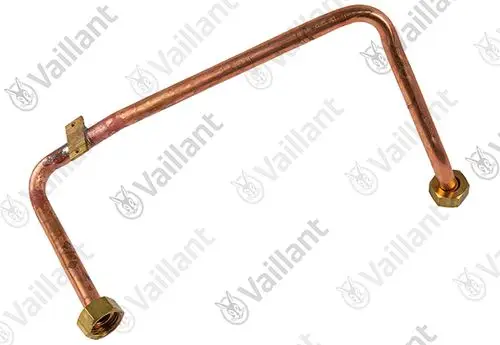 Kupferrohr für Warmwasseranschluss mit zwei Gewinden an den Enden, mittig montiert, von der Marke Vaillant.